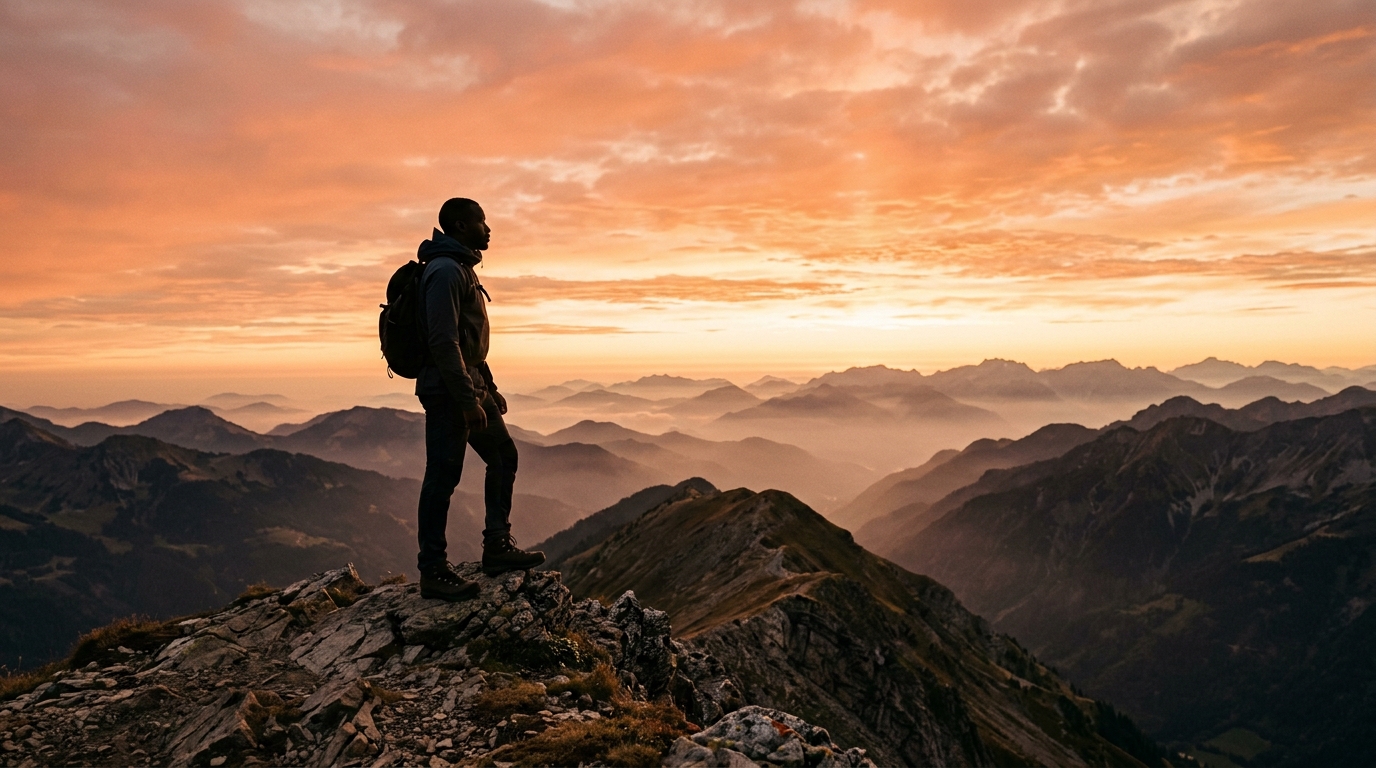 Solitary hiker silhouette standing on mountain peak at sunset