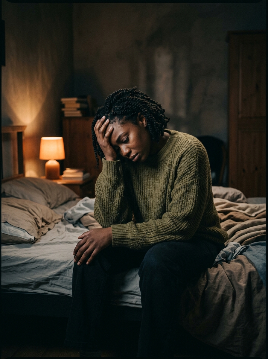 Nigerian woman sitting on edge of bed in moody atmospheric room in emotional reflection